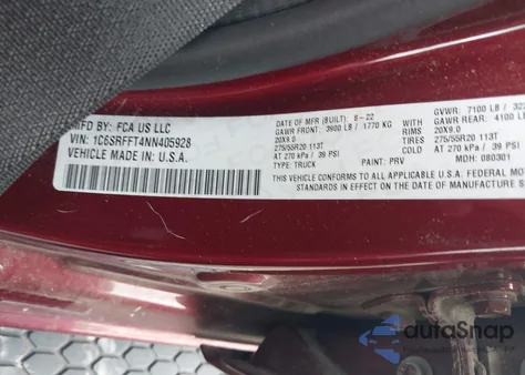 2022 Ram 1500 Big Horn/Lone Star z USA, uszkodzony, nr VIN 1C6SRFFT4NN405928